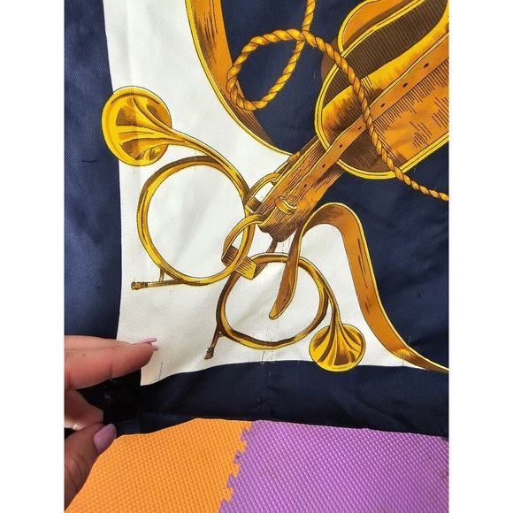Italian Specialty House Square Polyester Navy Blue White Horse Saddle Gold Scarf - Picture 8 of 10